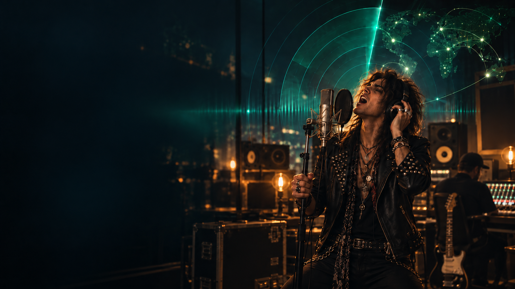 Vocalist recording in a studio with a global sound-wave visualization